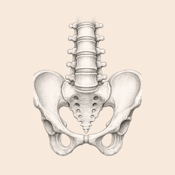 Anatomical line illustration of the lumbar spine and pelvis for back pain acupuncture in Lewes