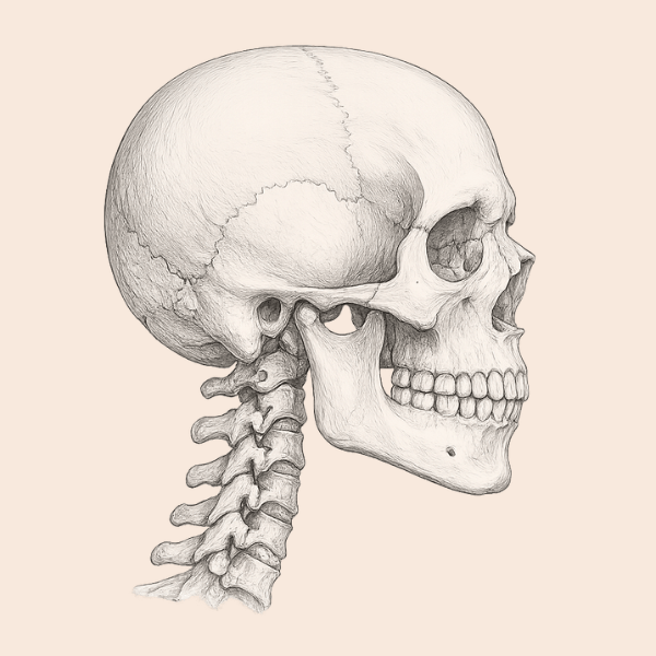 Vintage anatomical illustration of the skull and cervical spine representing migraine and headache treatment