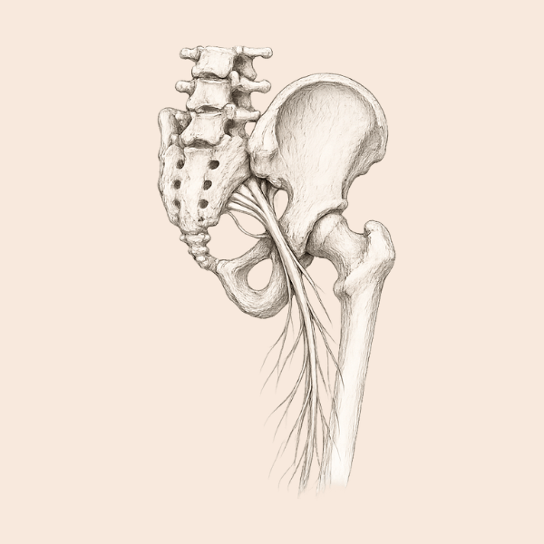 Anatomical line illustration of the lumbar spine, pelvis and sciatic nerve pathway for sciatica acupuncture treatment in Lewes