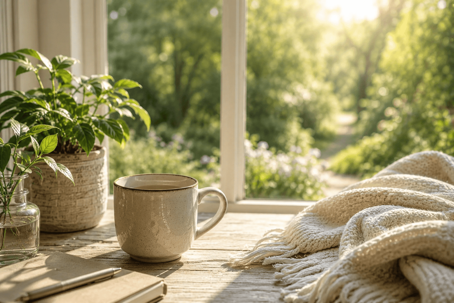 Sunlit window with coffee mug, blanket, and houseplant in a peaceful setting.